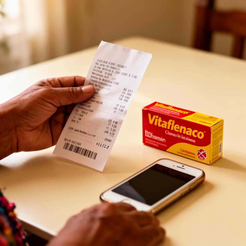 Persona sosteniendo una factura junto a Vitaflenaco